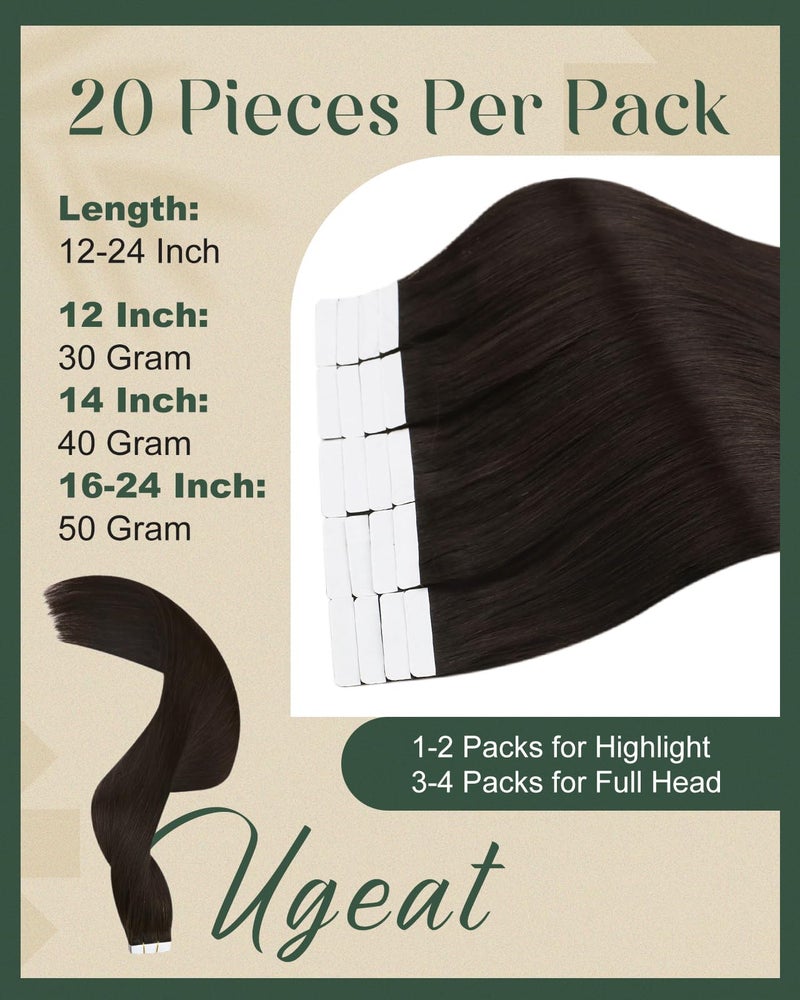 Ugeat Tape in Hair Extensions Human Hair Dark Brown Seamless Invisible Tape in Hair Extensions Brown Color Lightweight Straight Long Real Remy Human Hair for Girl Party Wear 22Inch 20Pcs 50G - Image 4